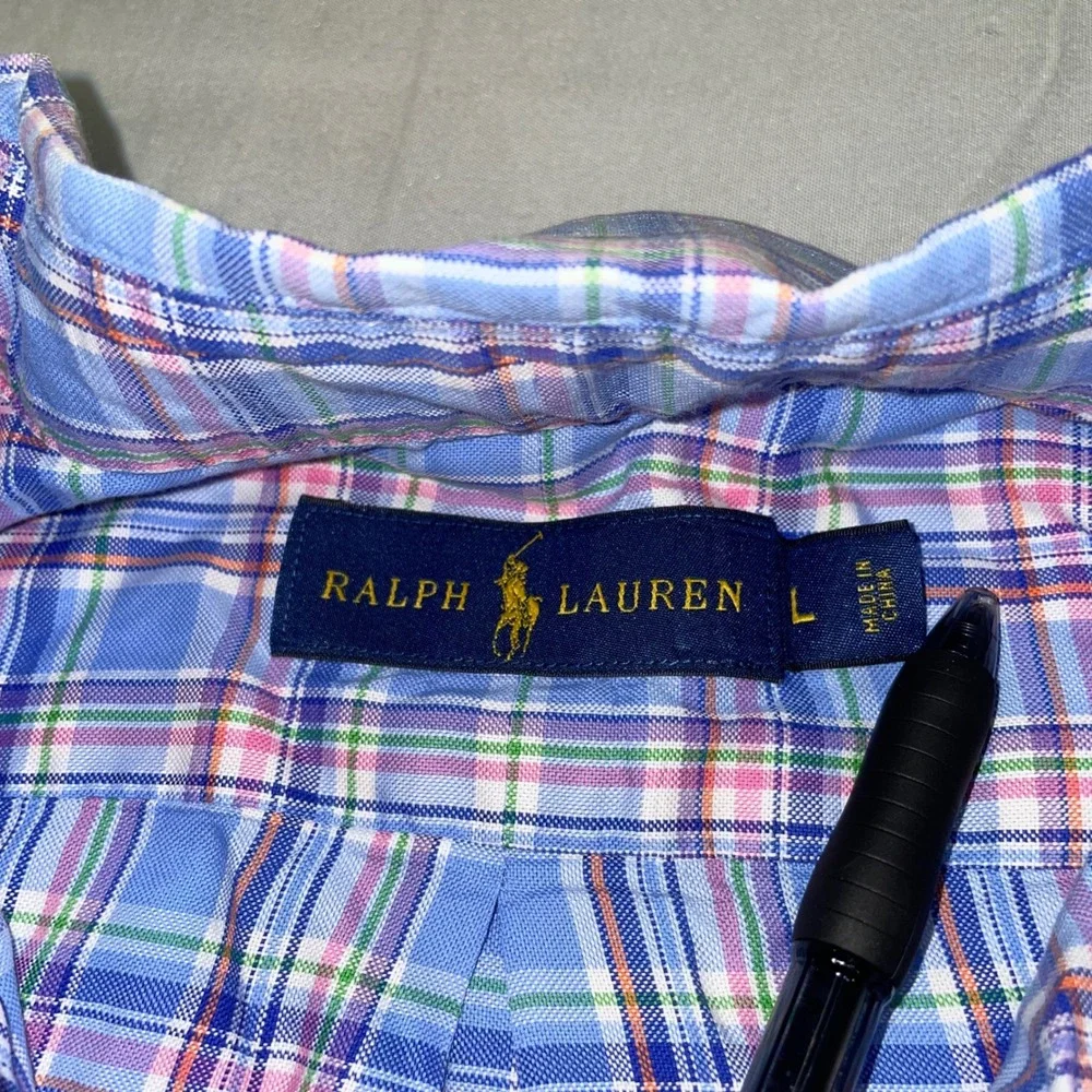 Ralph Lauren Mens Plaid Button Down Shirt Blue Pink Cotton Long Sleeve Large